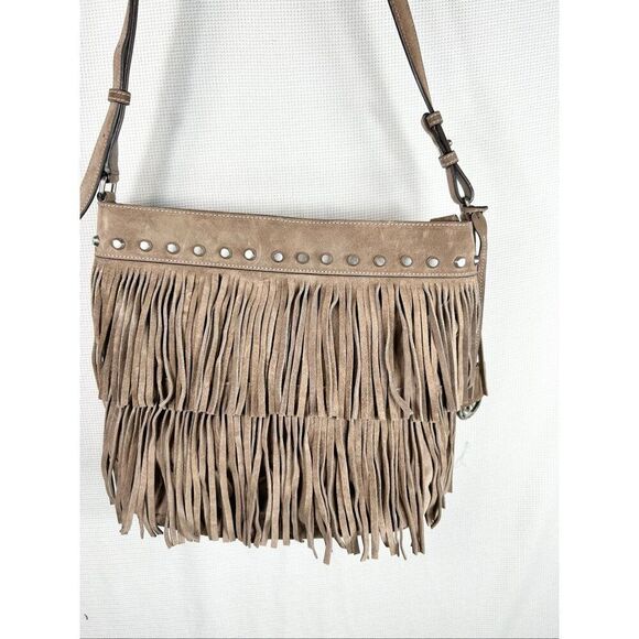 Michael Kors Billy Fringe Boho Crossbody Bag Taupe Suede Studded Western Style - Picture 1 of 16